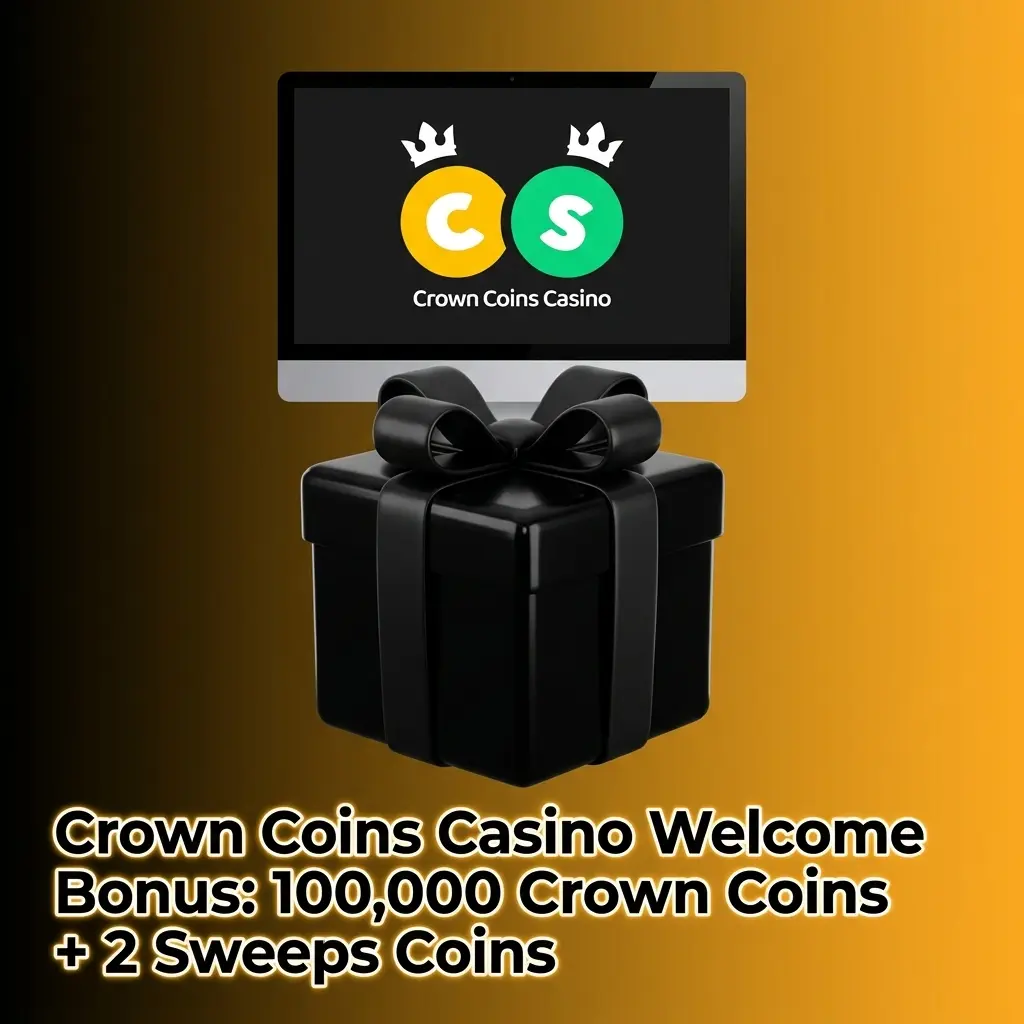 Crown Coins Casino welcome bonus offer showing 100,000 Crown Coins and 2 Sweeps Coins no-deposit registration reward