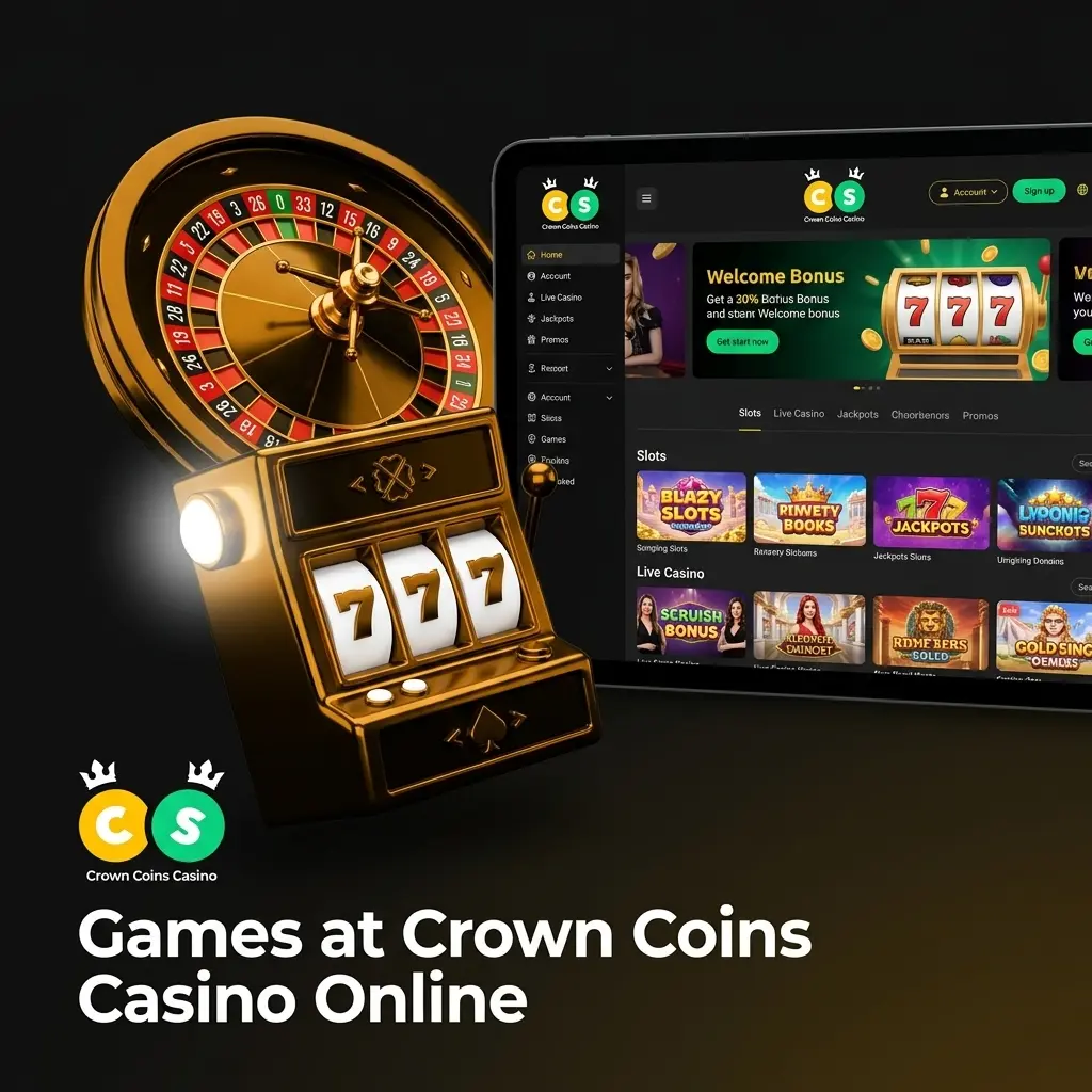 Crown Coins Casino game library featuring 500+ slots, jackpots, table games, video poker, and specialty titles