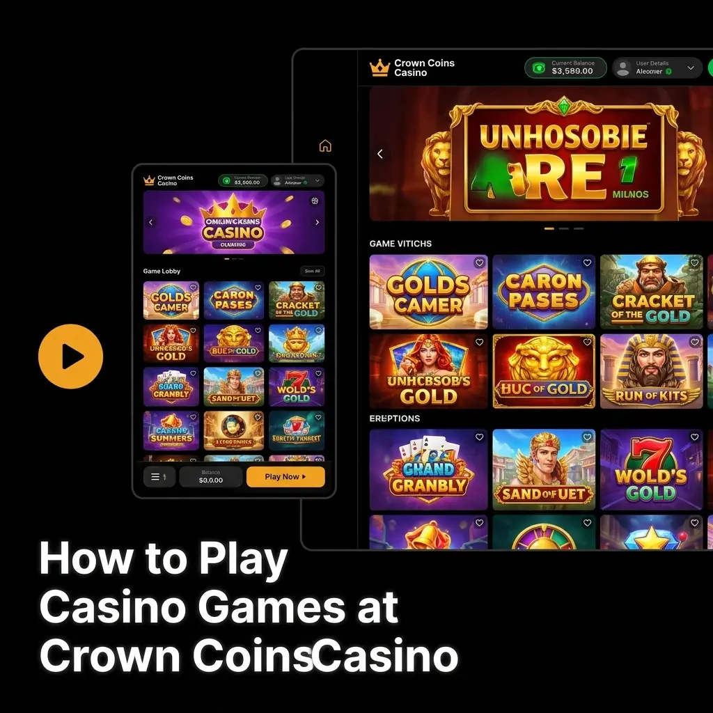 Crown Coins Casino game lobby showing slots, table games, and live dealer options with currency selection