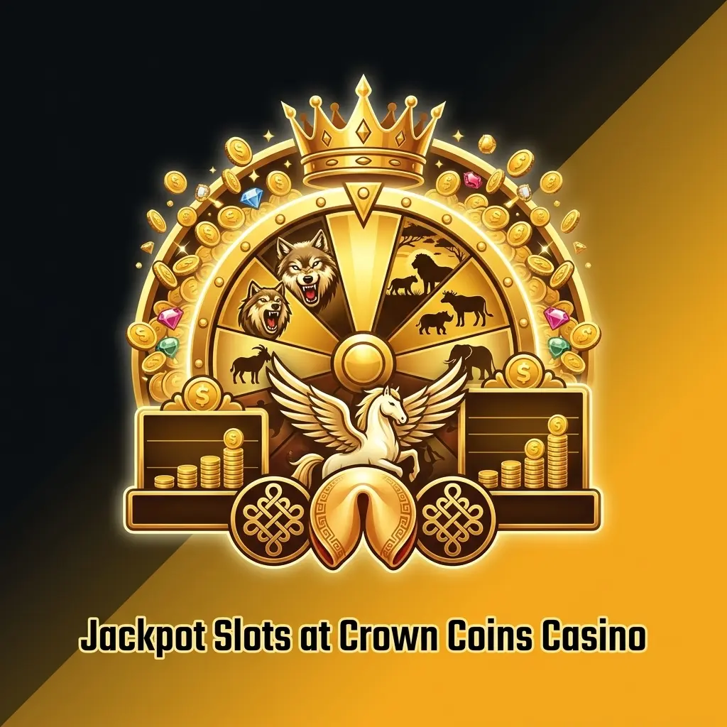 Jackpot slots at Crown Coins Casino including Wolf Gold, Divine Fortune, and Mega Moolah with progressive prize pools