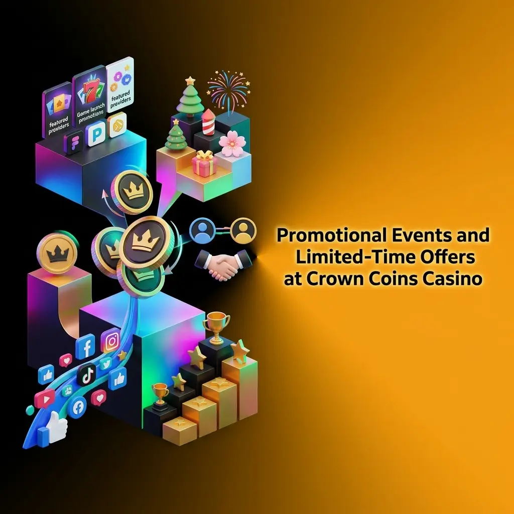 Crown Coins Casino promotional events showing limited-time offers, seasonal campaigns, and VIP milestone rewards for players