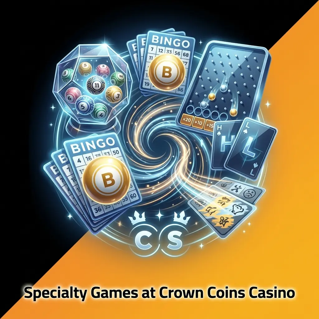 Specialty games at Crown Coins Casino including Keno, Bingo, Plinko, Hi-Lo, and Scratch Cards